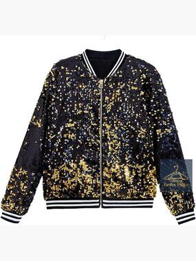 Men's Sequin Bomber Jacket Sparkly Varsity Glitter Coat Party Outwear